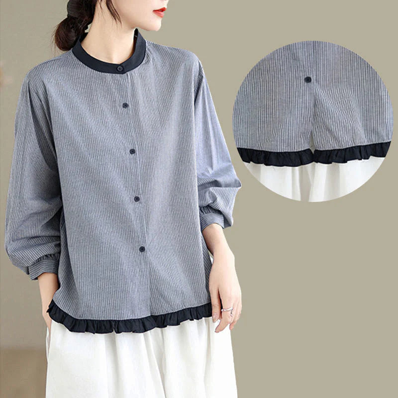 Buddha Stones Fall Plaid Striped Pattern Ruffled Hem Buttons Women's Cotton Long Sleeve Shirt