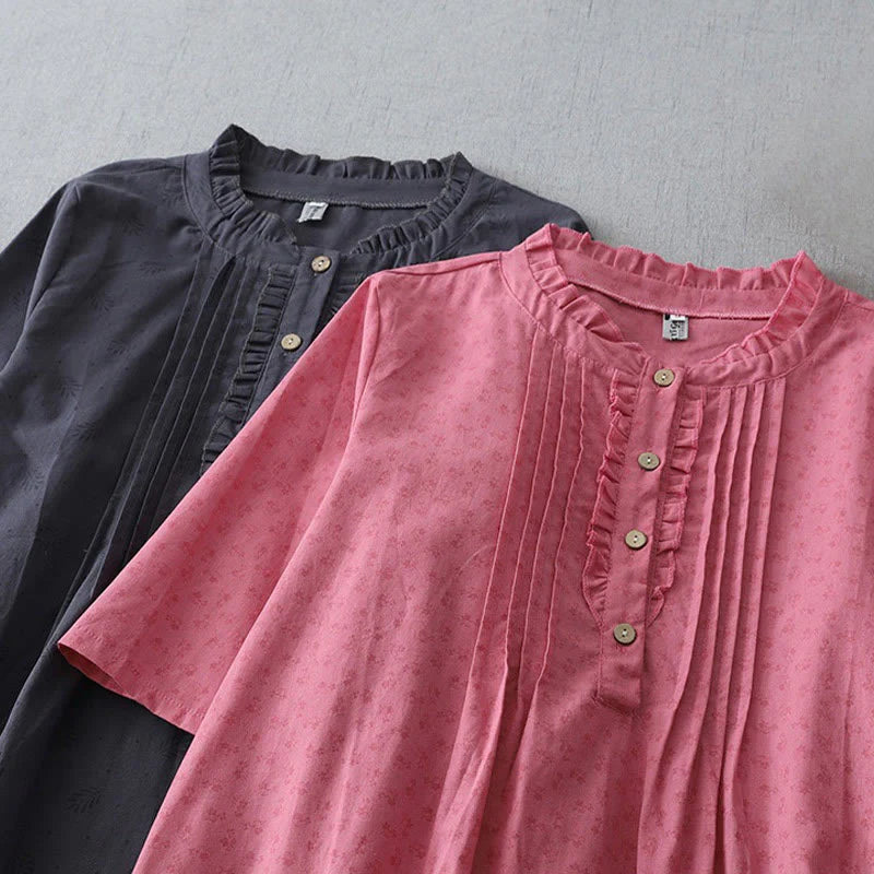 Buddha Stones Casual Retro Solid Color Button Ruffled Crew Neck Design Short Sleeve Cotton Linen Midi Dress With Pockets
