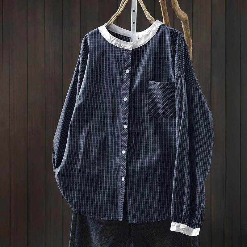 Buddha Stones Plaid Contrasting Buttons Down Long Sleeve Women's Cotton Shirt