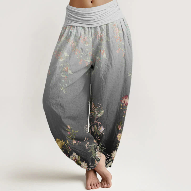 Buddha Stones Cotton Casual Gradient Delicate Floral Leaf Pattern Women's Elastic Waist Harem Pants