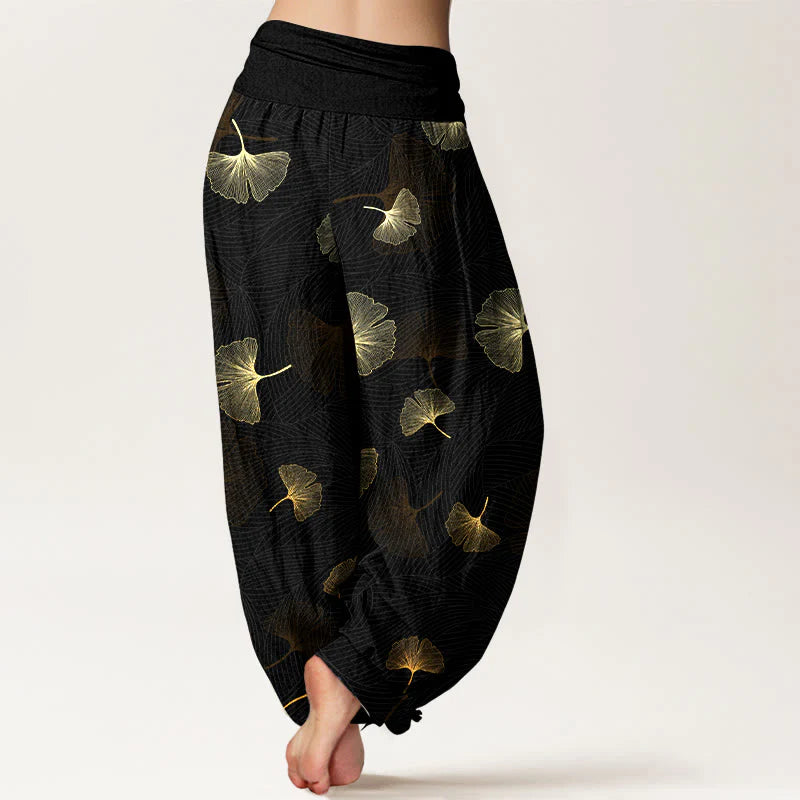 Buddha Stones Cotton Elegant Ginkgo Pattern Women's Elastic Waist Harem Pants