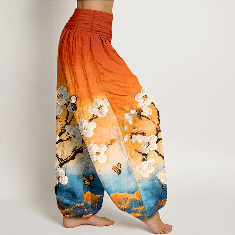 Buddha Stones Cotton Colourful Flower Butterfly Bee Pattern Women's Elastic Waist Harem Pants