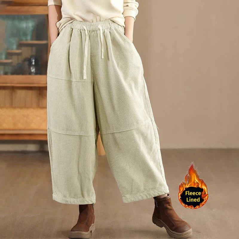 Buddha Stones Women's Drawstring Design Cotton Corduroy Thermal Fleece-Lined Pants With Pockets
