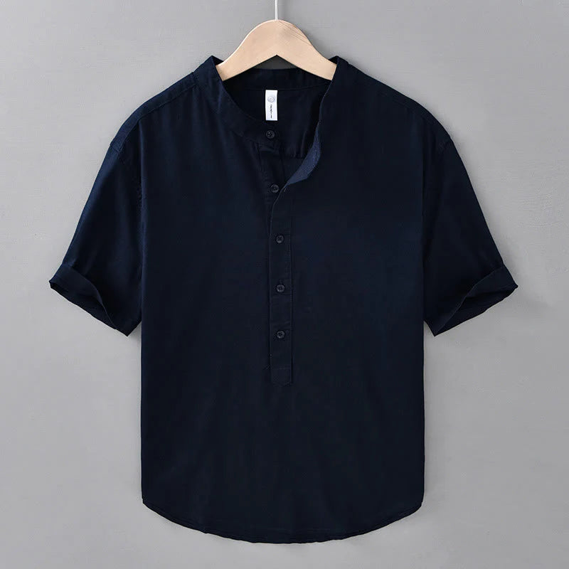 Buddha Stones Summer Solid Color Men's Half Button Short Sleeve Cotton Linen Shirt