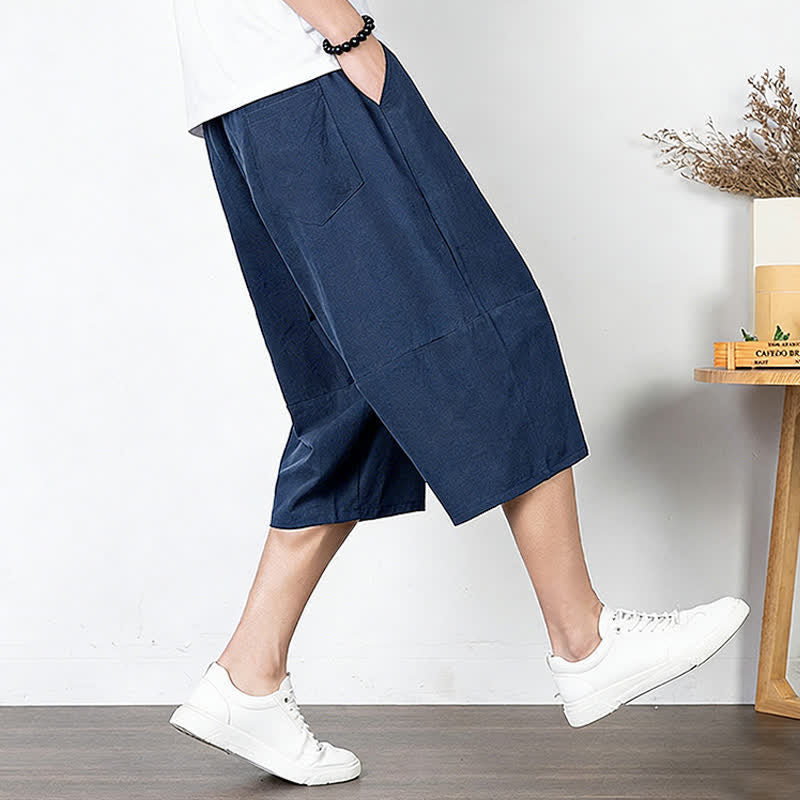 Buddha Stones Plain Drawstring Capri Length Men's Cotton Linen Harem Pants With Pockets