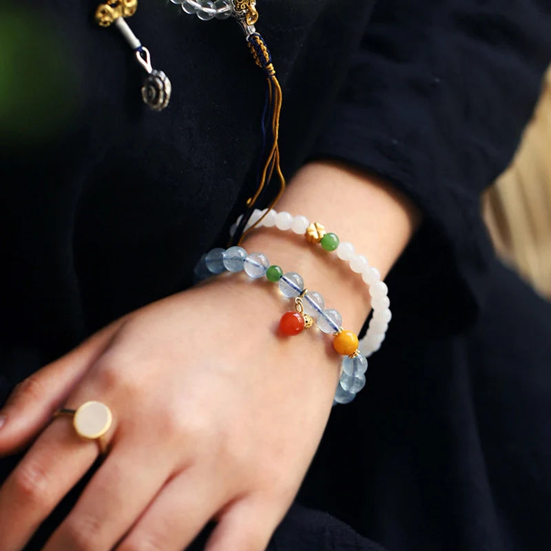 Buddha Stones Aquamarine Red Agate Peace Gourd Charm Bracelet