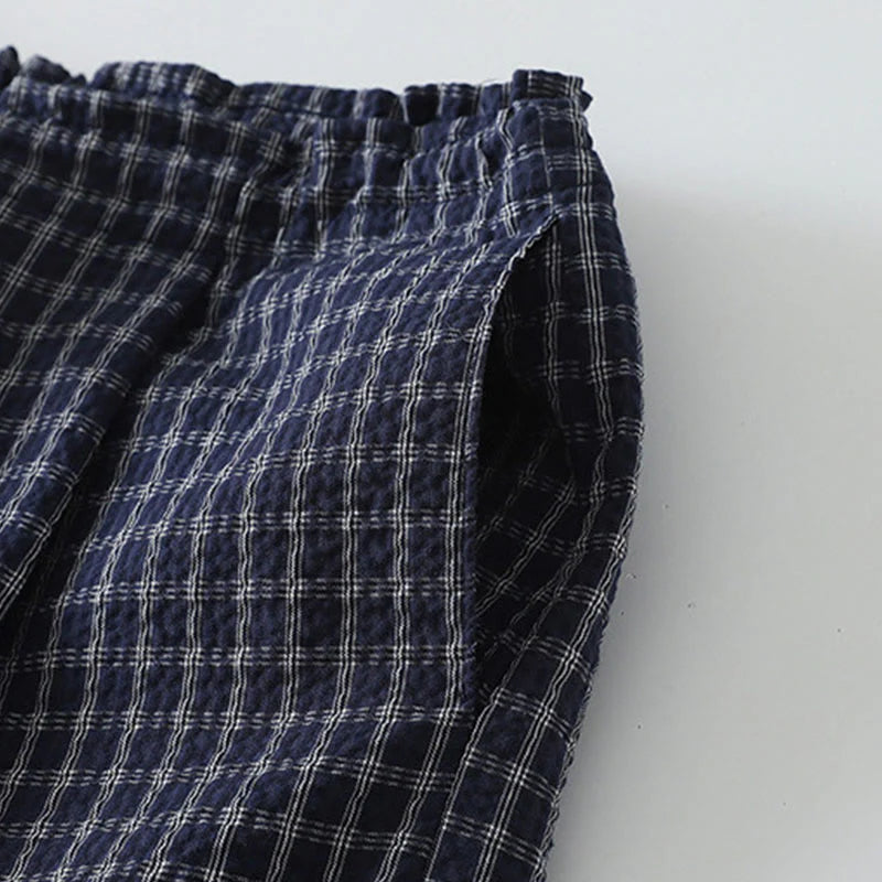 Buddha Stones Casual Plaid Pattern Women's Cotton Wide Leg Pants With Pockets