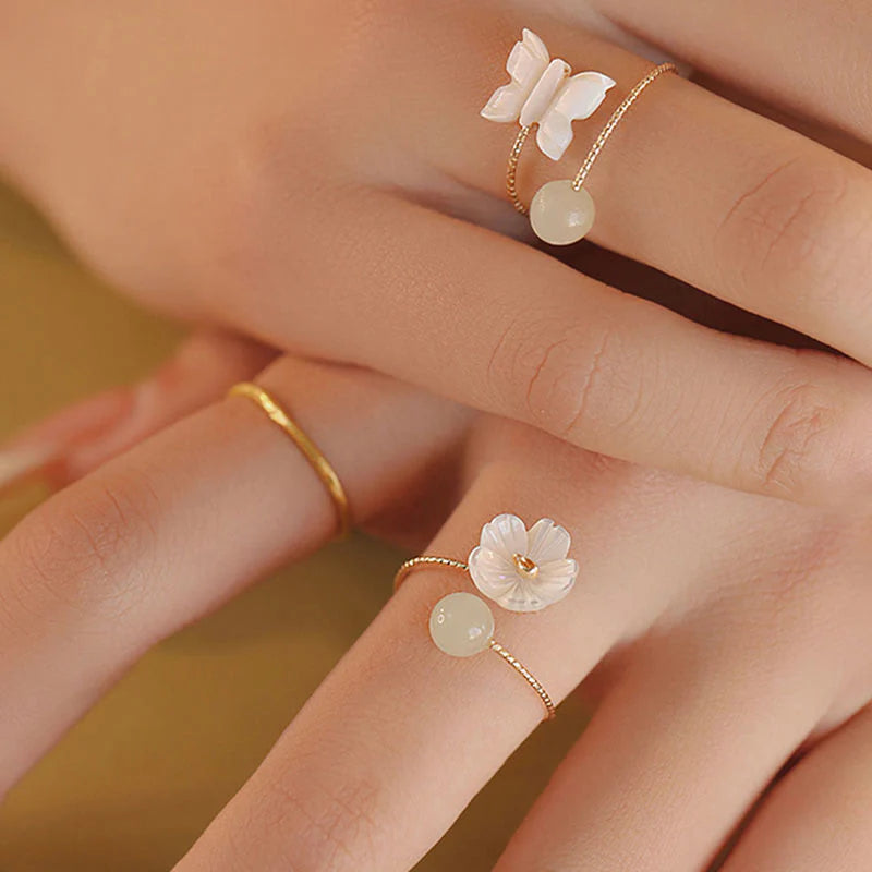 Buddha Stones 14k Gold Plated Round Hetian Jade Tridacna Stone Peach Blossom Flower Butterfly Prosperity Adjustable Ring (Extra 35% Off | USE CODE: FS35)