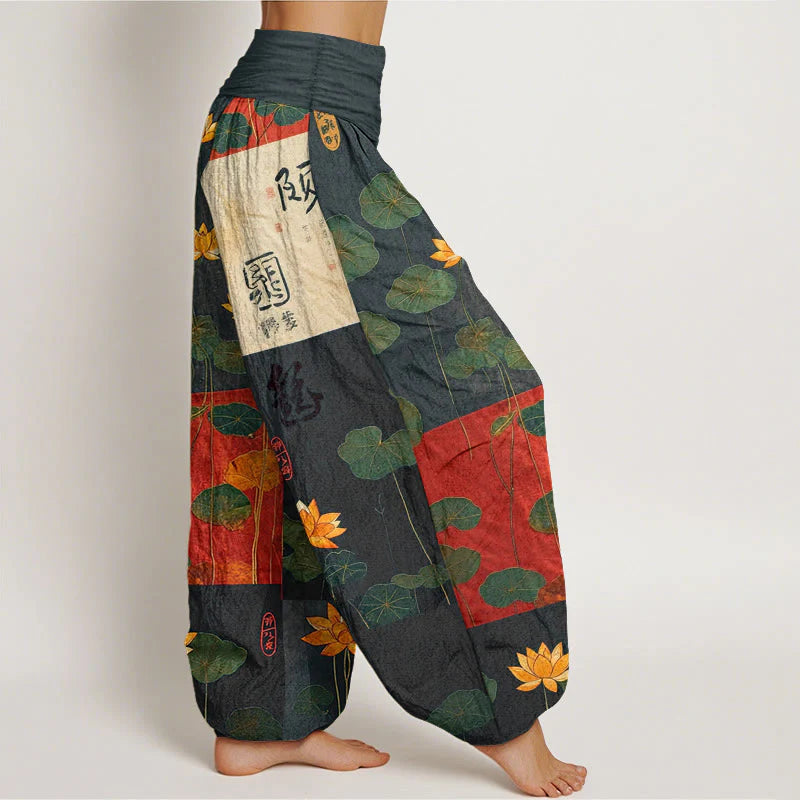 Buddha Stones Pure Cotton Strong Visual Impact Lotus Flowers Leaves Pattern Women's Elastic Waist Harem Pants