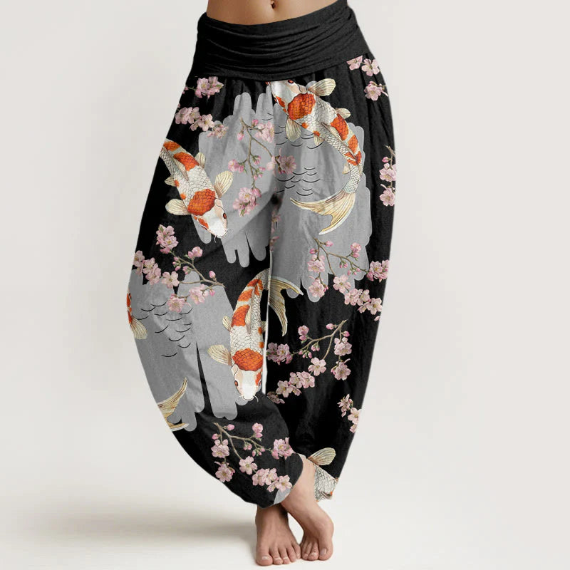 Buddha Stones Cotton Casual Koi Fish Cherry Blossom Pattern Women's Elastic Waist Harem Pants