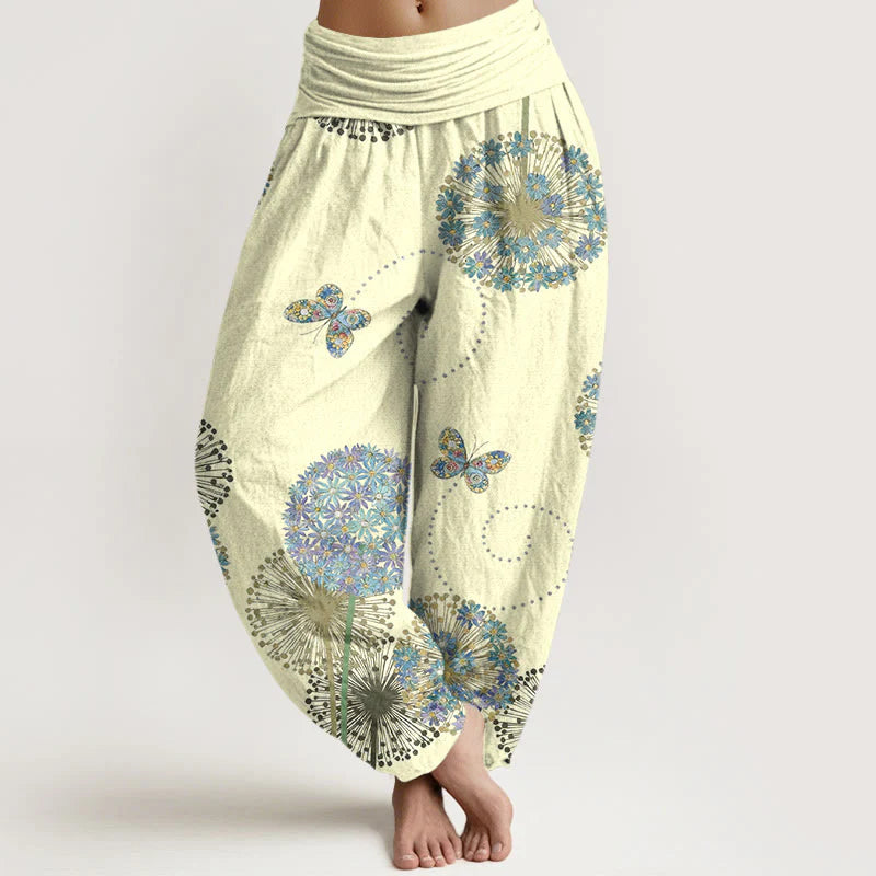 Buddha Stones Cotton Dreamlike Dandelion Butterfly Pattern Women's Elastic Waist Harem Pants