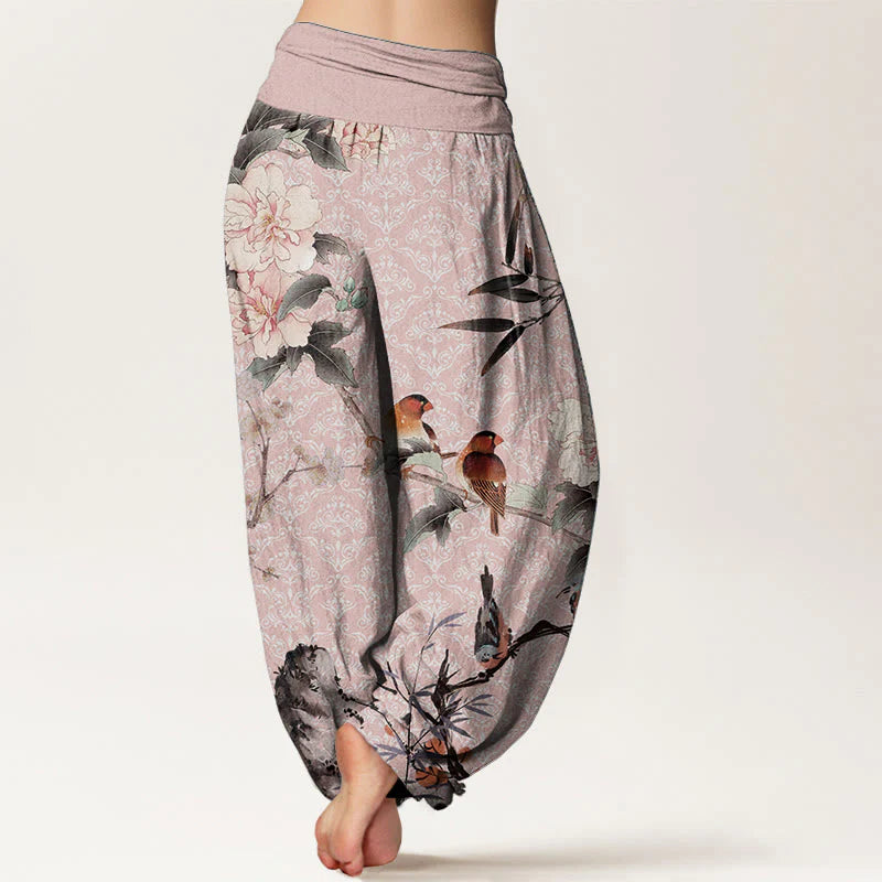 Buddha Stones Pure Cotton Warbler Bird Blooming Flower Branches Mandala Pattern Women's Elastic Waist Harem Pants