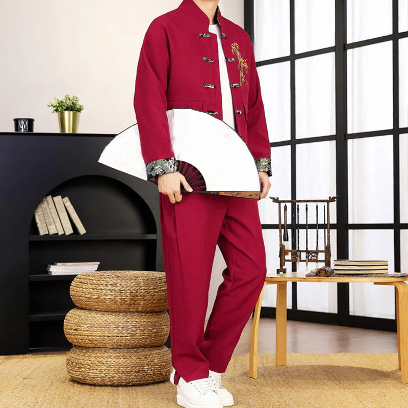 Buddha Stones 2Pcs Tang Suit Bamboo Frog-Button Men's Long Sleeve Shirt Pants Clothing Set