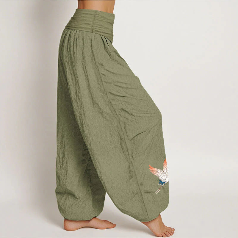 Buddha Stones Two Graceful Cranes Pattern Pure Cotton Women's Elastic Waist Harem Pants