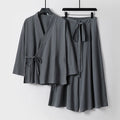 Buddha Stones 2Pcs Fall Lace-up Cotton Kimono Ankle-Length Wide Leg Pants With Pockets Men's Meditation Cloth Set