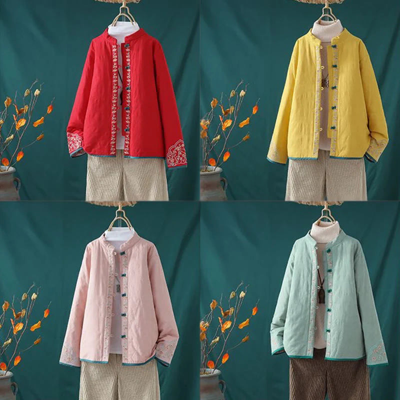 Buddha Stones Winter Frog-Button Embroidery Flowers Vines Open Front Cotton Long Sleeve Women's Thermal Jacket