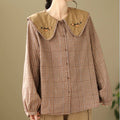 Buddha Stones Embroidered Plaid Pattern Cotton Women's Shirt