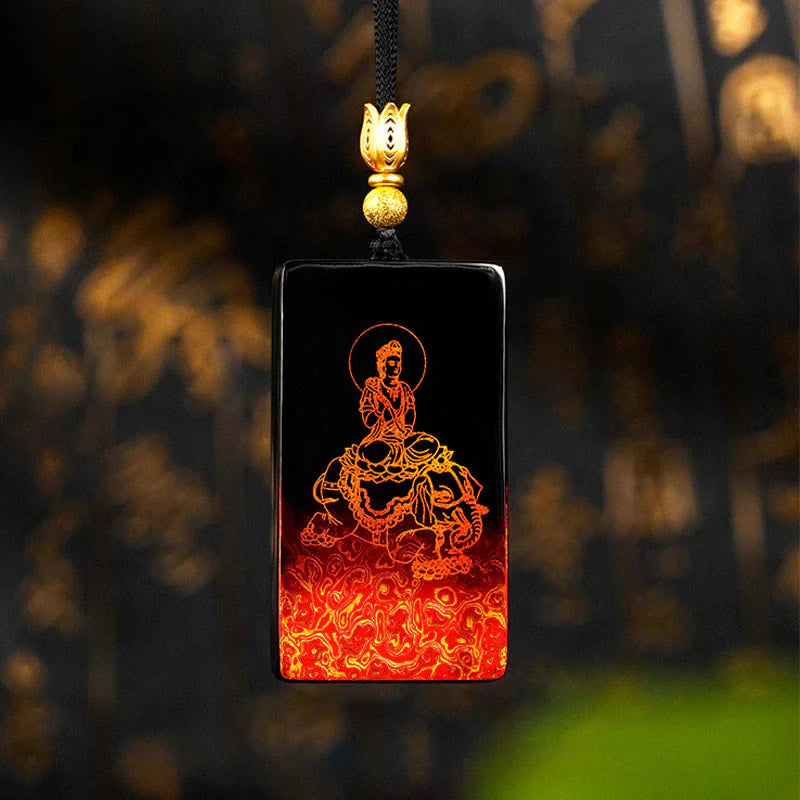 Buddha Stones Chinese Zodiac Natal Buddha Fu Character Lacquer Craft Sandalwood Pendant Necklace