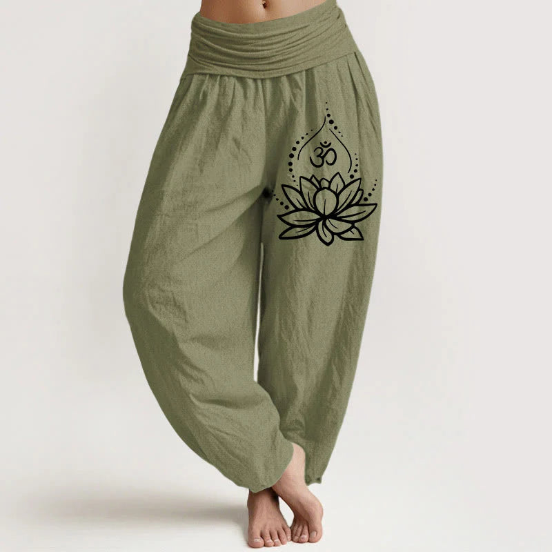 Buddha Stones Blooming Lotus Om Symbol Pattern Women's Elastic Waist Harem Cotton Pants