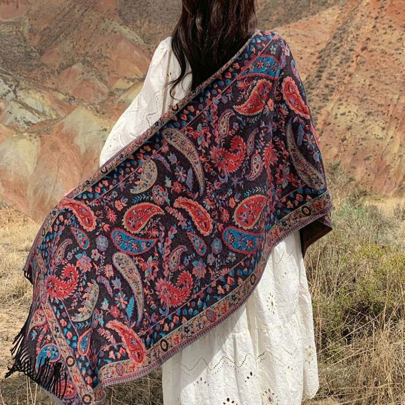 Buddha Stones Ethnic Embroidered Paisley Flowers Pattern Tassel Soft Scarf Shawl