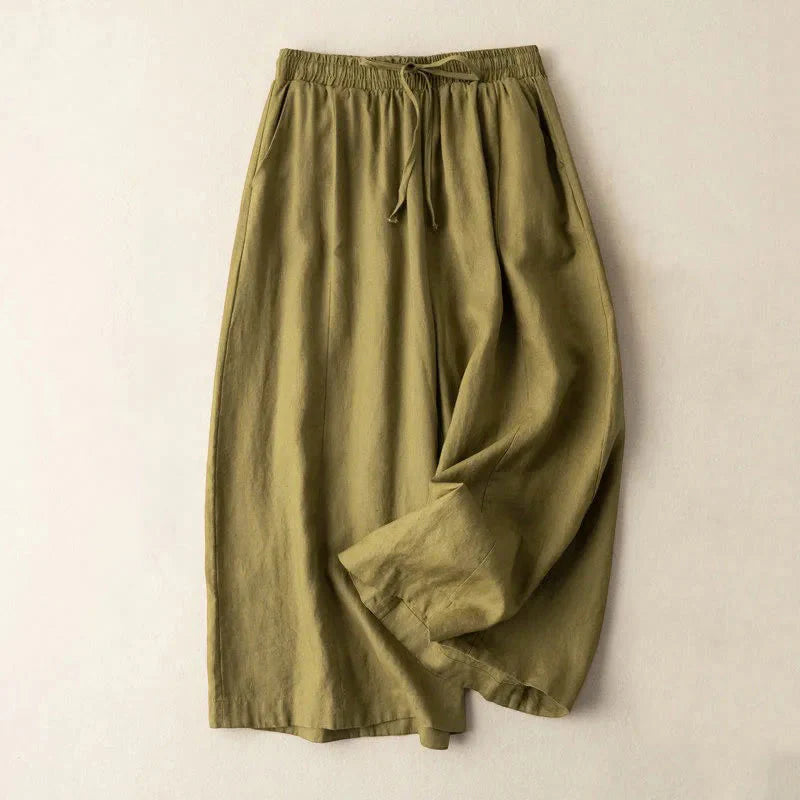 Buddha Stones Plain Color 7-8 Length Capri Cropped Pants Cotton Linen Women's Wide Leg Pants With Pockets