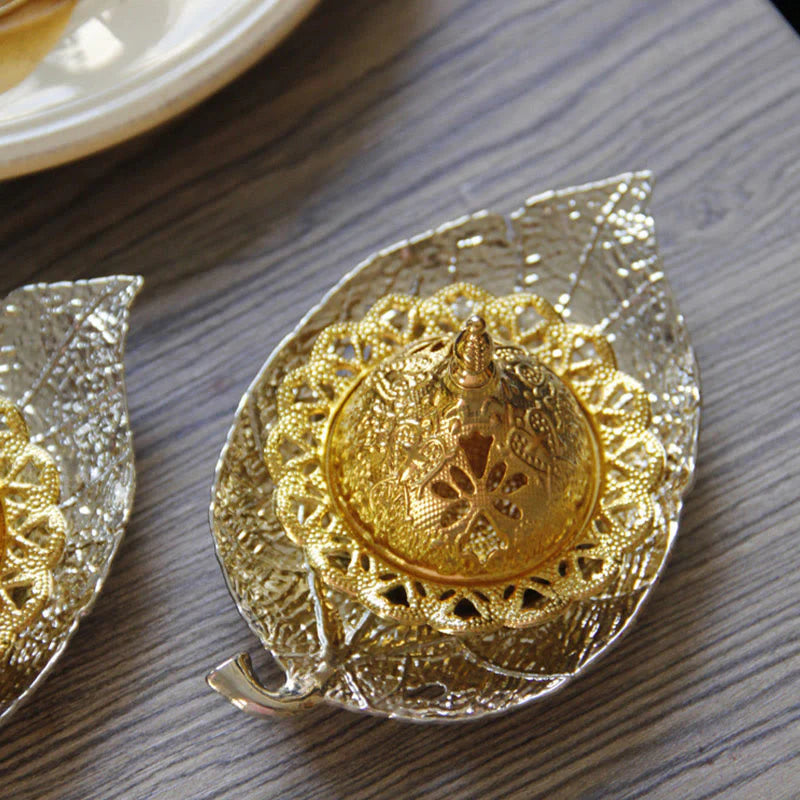 Buddha Stones Tibetan Gold Mini Leaf Coaster Meditation Incense Burner
