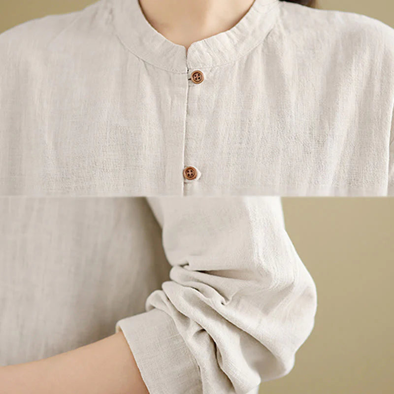 Buddha Stones Solid Color Front Buttons Design Long Sleeve Women's Cotton Linen Shirt
