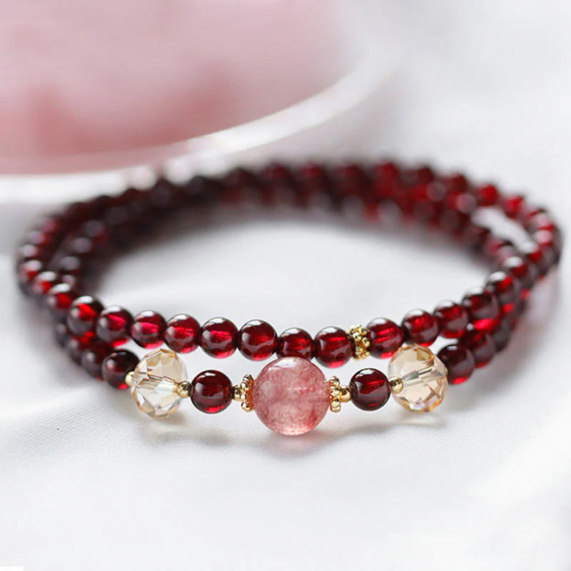 Buddha Stones 14K Gold Plated Natural Garnet Strawberry Quartz Stability Double Wrap Bracelet