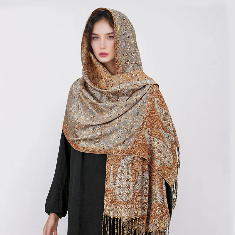 Buddha Stones Tibetan Jacquard Paisley Flower Pattern Color Contrast Design Tassel Cozy Scarf Shawl