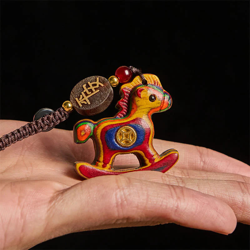 Buddha Stones Year of the Horse Rainbow Eucalyptus Small Leaf Red Sandalwood Linden Wood Ebony Carved Positive Key Chain