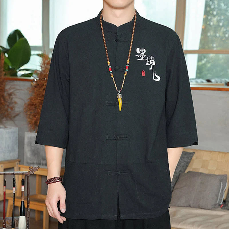 Buddha Stones Frog-Button Chinese Tang Suit Three Quarter Sleeve Cotton Linen Men's Shirt