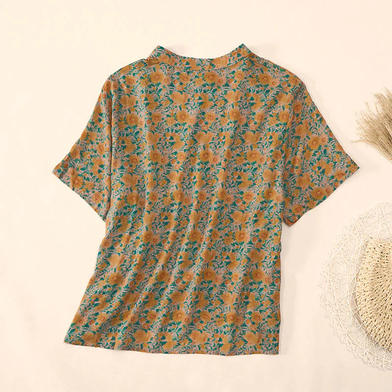 Buddha Stones Summer  Frog-Button Stand Collar Short Sleeve Flower Pattern Women's Cotton Shirt