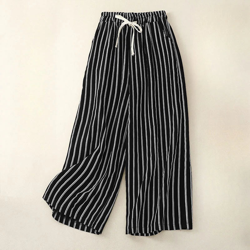 Buddha Stones Casual Acrylic Stripe Lace-up Women's Wide Leg Pants With Pockets