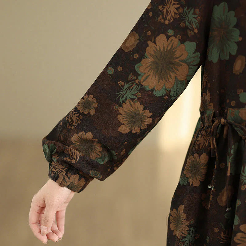 Buddha Stones Flower Pattern Long Sleeve Cotton Midi Dress With Pockets