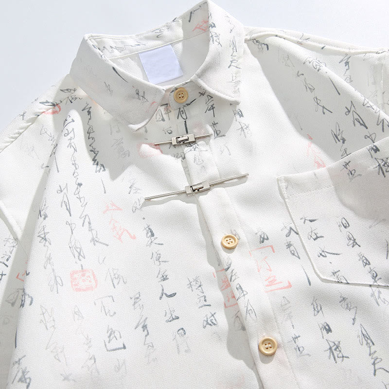 Buddha Stones Calligraphy Print Pattern Metal Bar Frog Closure Design Short Sleeve Men's Shirt With Pocket