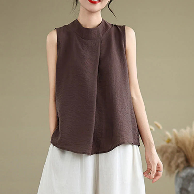 Buddha Stones Casual Plain Back Buttom Design Stand Collar Cotton Linen Women's Sleeveless Vest