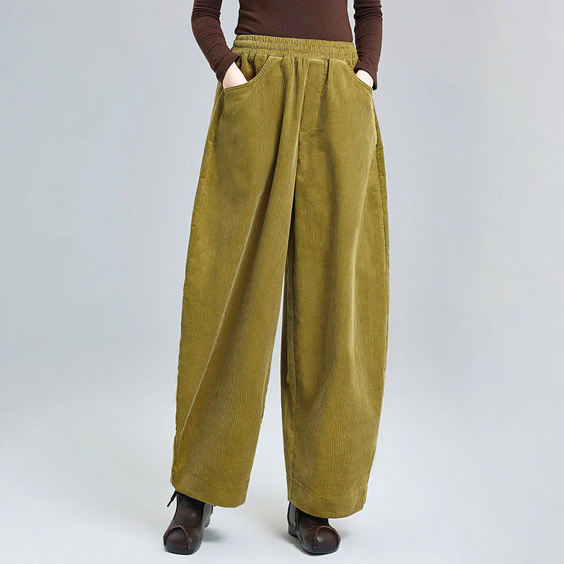 Buddha Stones Women's Fall Plain Ankle-Length Simple Design Corduroy Pants With Pockets