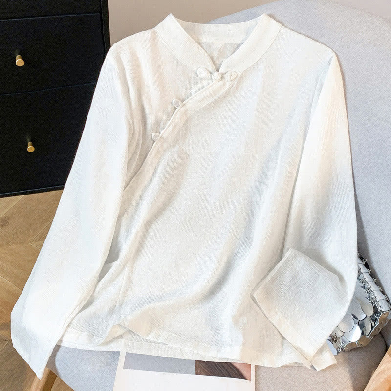 Buddha Stones Commute Jacquard Chinese Frog-Button Mandarin Collar Long Sleeve Women's Cotton Shirt
