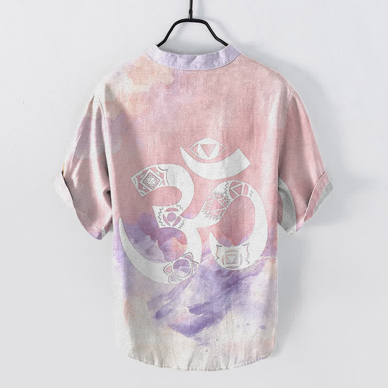 Buddha Stones Cotton Om Chakra Emblem Men's Short Sleeve Half Button Shirt