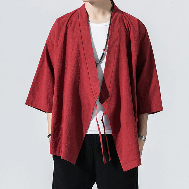 Buddha Stones Tang Suit Open Front Jacket Cotton Linen Men's Three Quarter Sleeve Kimono