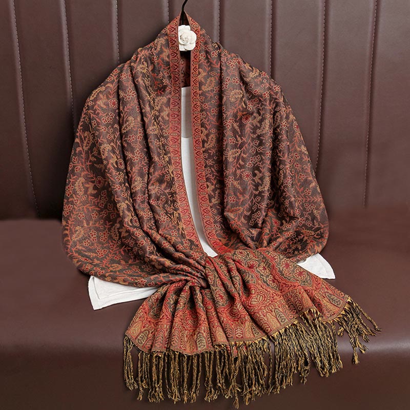Buddha Stones Tibetan Jacquard Paisley Flower Pattern Color Contrast Design Tassel Cozy Scarf Shawl