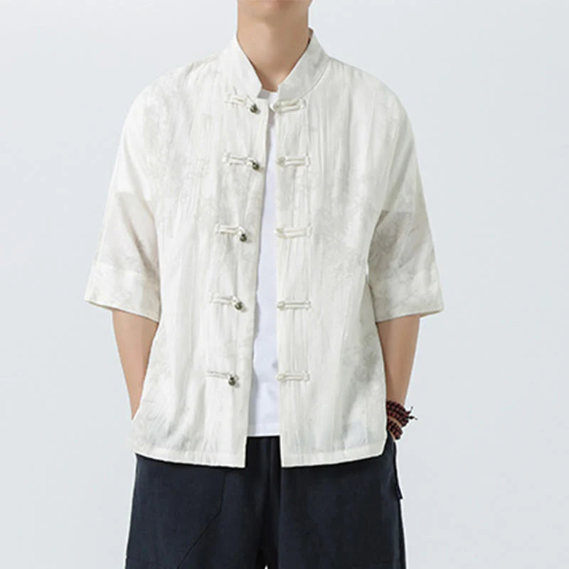 Buddha Stones Summer Pine Needles Pattern Short Sleeve Frog-Button Design Men's Shirt