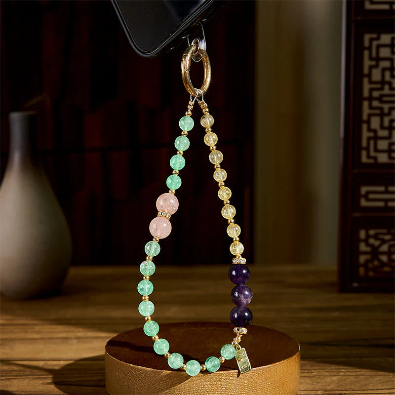 Buddha Stones Green Strawberry Quartz Citrine Queen Charm Calm Key Chain Phone Hanging Decoration