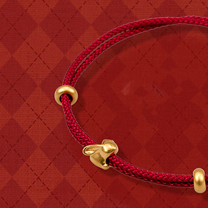 Buddha Stones 999 Gold Small Lucky Rabbit Osmanthus Design Handmade Luck Braided Rope Bracelet