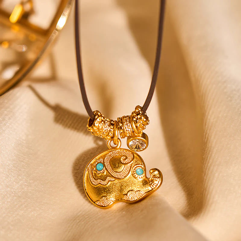 Buddha Stones Elephant Symbol 24k Gold Plated Brass Strength Rope Necklace Pendant