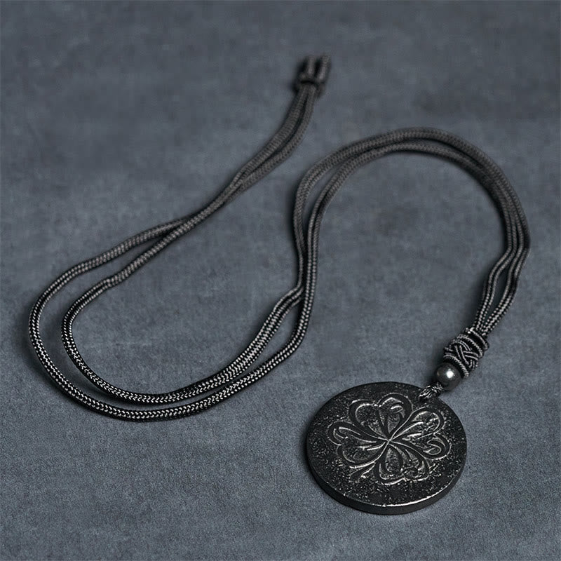 Buddha Stones Four Leaf Clover Authentic Shungite Stone Graphite Stone Protection Necklace Pendant