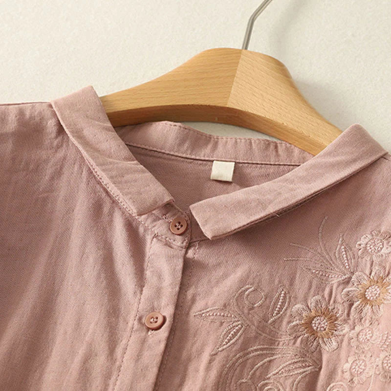 Buddha Stones Embroidered Flower Vine Pattern Long Sleeve Women's Lapel Shirt