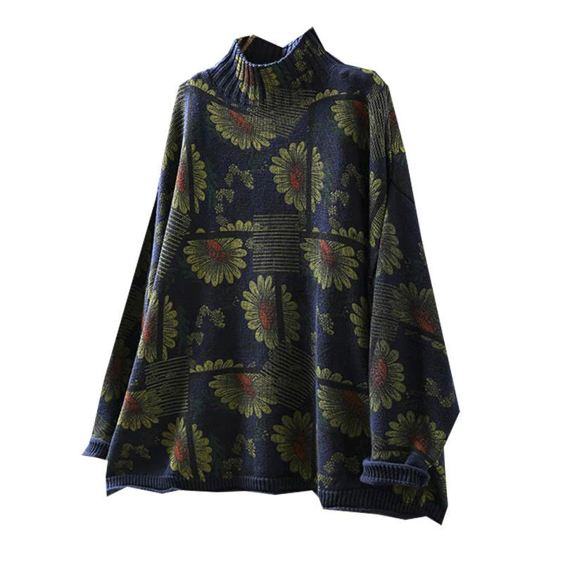 Buddha Stones Sunflower Pattern Mock Neck Long Sleeve Women's Cotton Sweater