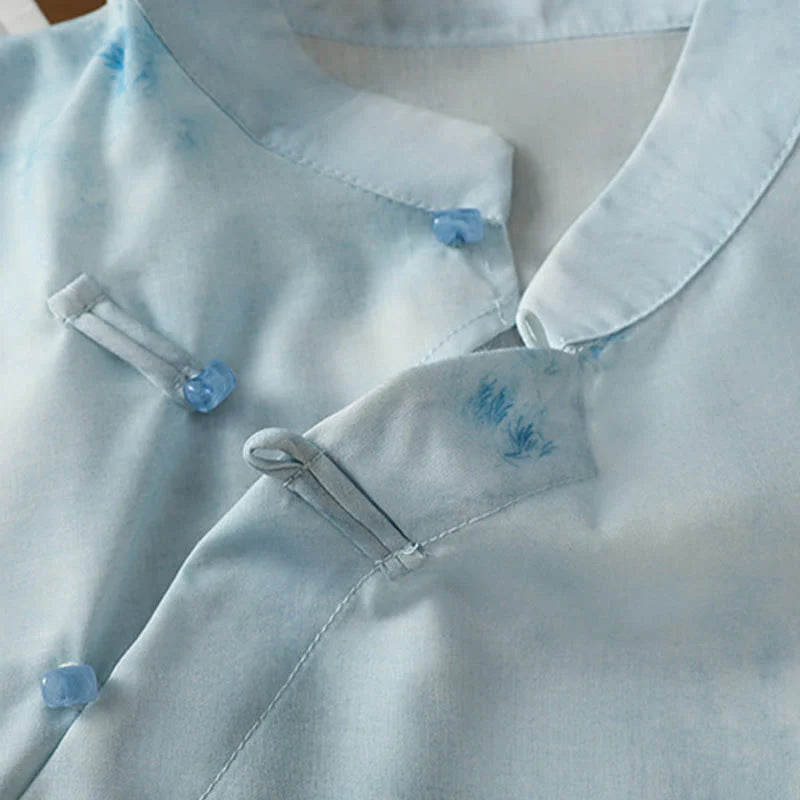 Buddha Stones Light Blue Frog-Button Sleeveless Women's Shirt