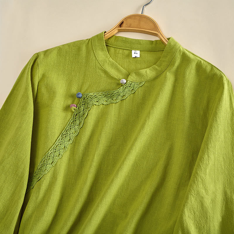 Buddha Stones Plain Crew Neck Frog-Button Long Sleeve Women's Cotton Shirt